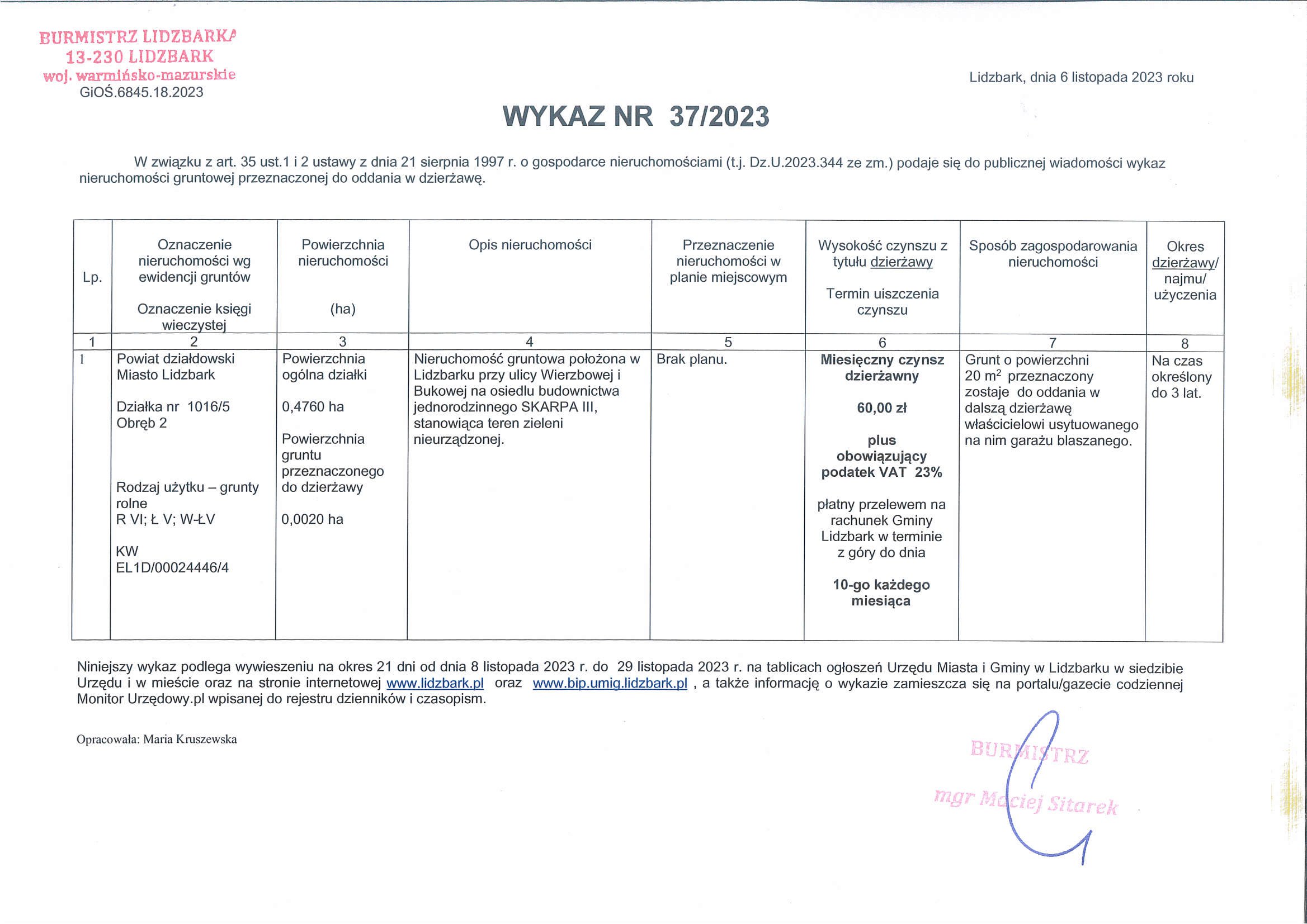 Wykaz Nr 37/2023 - Nieruchomość gruntowa do dzierżawy - Lidzbark dz. nr 1016/5 obr. 2